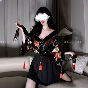 恶魔大人情趣日系大花和服睡裙性感深v流苏系带睡衣家居服制服女