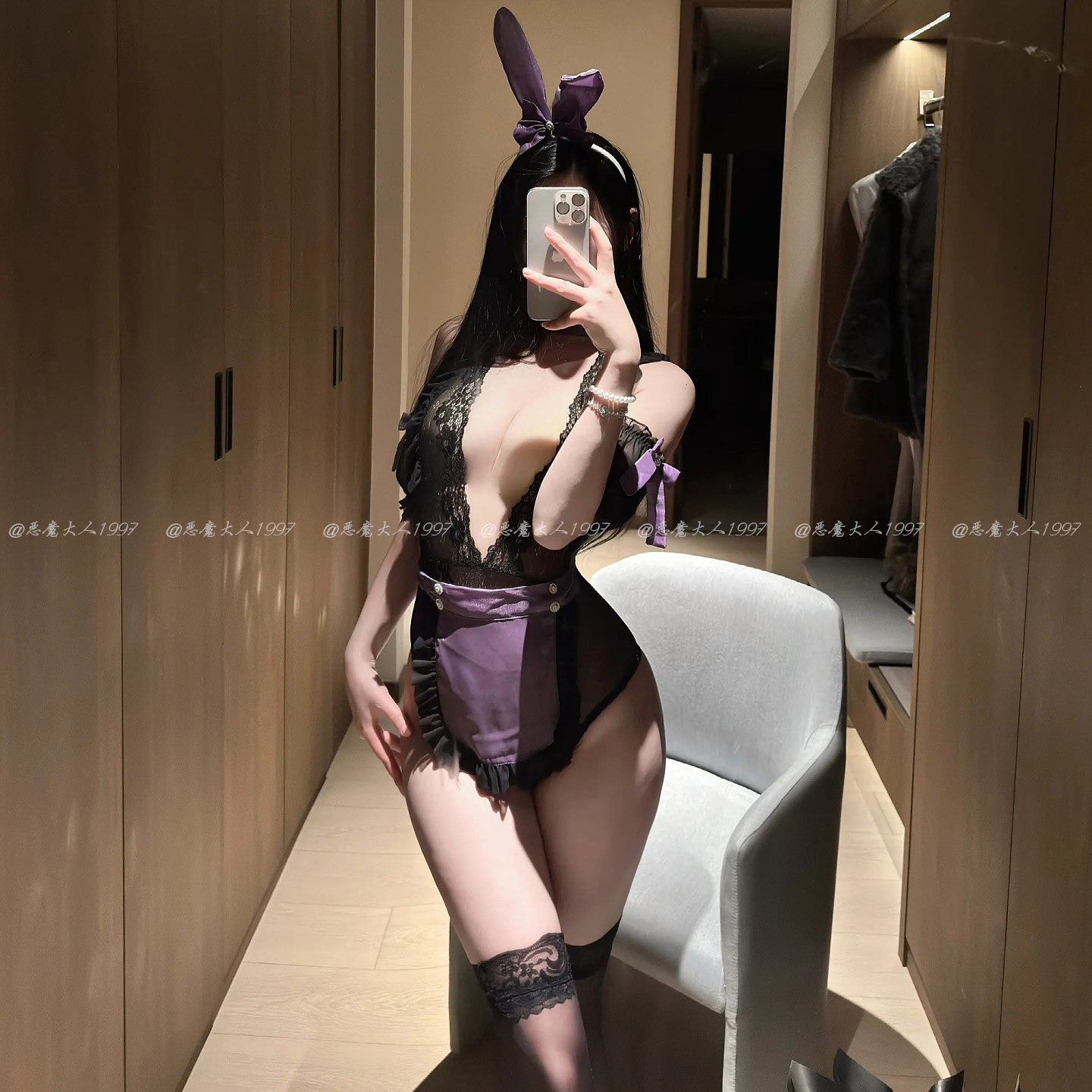 恶魔大人情趣性感透视兔女郎火辣深V围裙女仆制服连体衣内衣诱惑