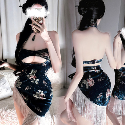 富贵人间复古旗袍风斜边流苏设计感性感辣妹露背包臀修身连衣裙女