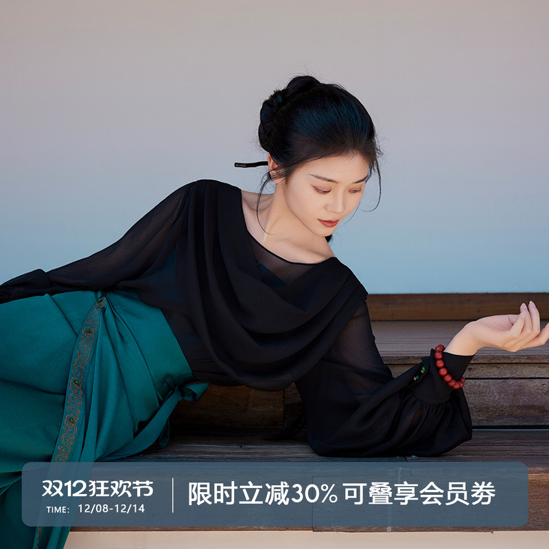 听旬汉服不规则荡领衬衫改良旋裙