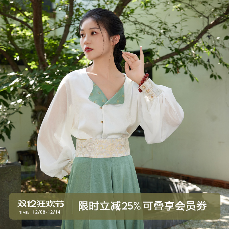 听旬汉服假两件坦领改良十二破裙