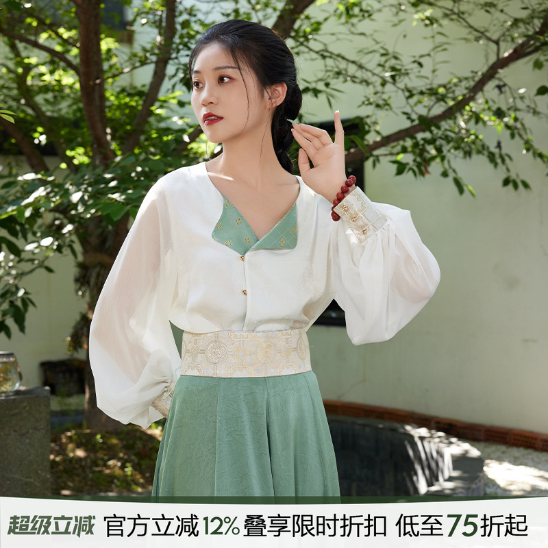 听旬汉服假两件坦领改良十二破裙