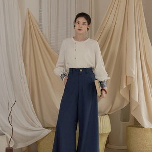 仿牛仔日常阔腿裤 衬衫 汉服女圆领刺绣国风长袖 听旬夜郎西早春新款