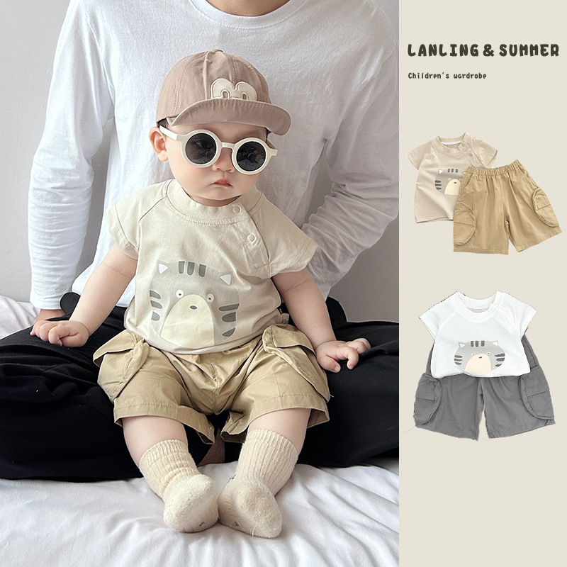 男孩夏季套装宝宝衣服夏天超萌婴儿可爱短袖T恤休闲工装裤两件套