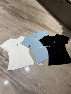 简约百搭圆领短袖 字母刺绣弹力修身 T恤上衣女 新款 十三行2026春季