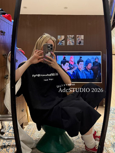 垫肩字母印花宽松休闲黑色圆领短袖 韩版 T恤女 新款 十三行2026春季