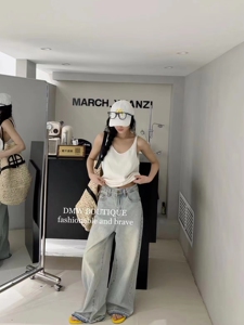 十三行2024夏季新款纯色性感辣妹大露背宽松U领针织吊带背心女潮