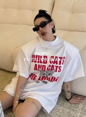 十三行2025夏季新款网红款垫肩字母印花宽松洋气圆领短袖T恤女潮