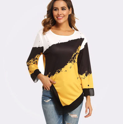 Tops 3/4 Sleeve Elasticity Splice Female Shirt Casual