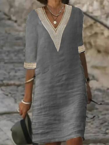 Solid V-neck medium sleeved dress for women纯色V领中袖连衣裙