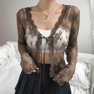 Short 上衣 Cardigan 短袖 Top Sleeve Crop Navel Tie Sheer Lace