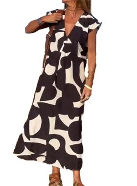 Printed V-neck loose waisted dress 印花V领宽松腰长款连衣裙女