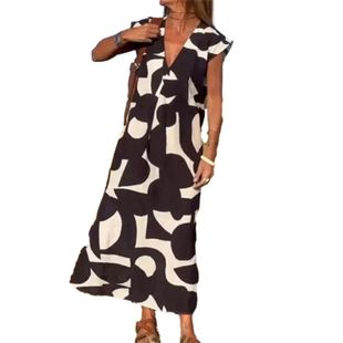 loose neck waisted dress 连衣裙女 Printed 印花V领宽松腰长款