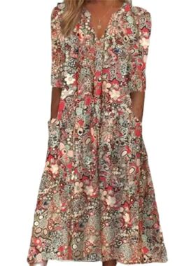 V-neck casual printed loose fitting dressV领休闲印花连衣裙女