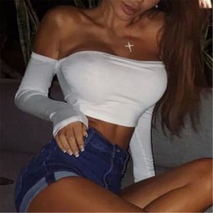 with collar exposed line 女纯色露脐一字领打底 navel Underlay