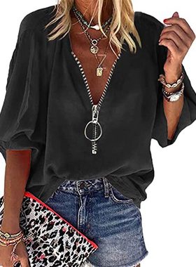 Solid Color Long Sleeve V-Neck Zip-Up Blouse纯色拉链女士衬衫