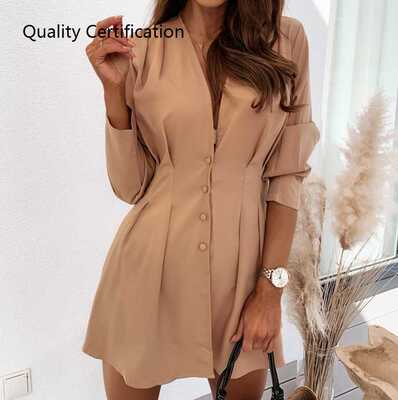 Elegant V-neck Button Long-Sleeved Slim Dress Women vestidos