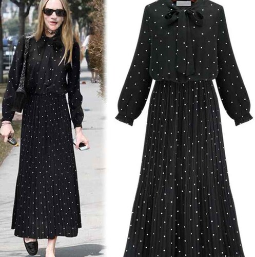 Polka dot print long sleeve dress pleated long skirt