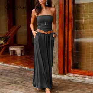 color long dress New waist solid with and fashion