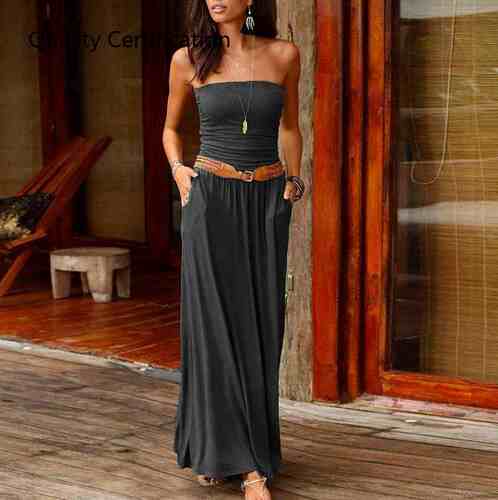 New fashion solid color long dress with waist and waist