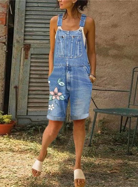 Short jumpsuit casual floral pocket jumpsuit denim overalls