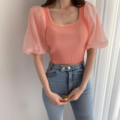 Square neck short bubble sleeve top 方领短款露锁骨泡泡袖上衣