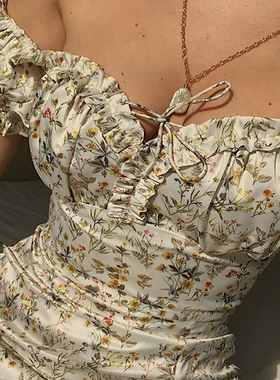 Floral fringe with fungus edge slim dress碎花开叉显瘦连衣裙