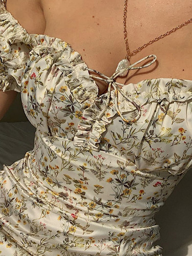 Floral fringe with fungus edge slim dress碎花开叉显瘦连衣裙