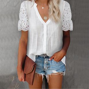 Lace bubble sleeve splicing short sleeve shirt泡泡袖短袖衬衣