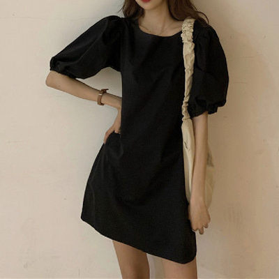 Solid round neck bubble sleeve dress纯色休闲圆领泡泡袖连衣裙