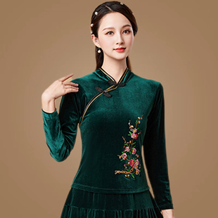 酒红金丝绒打底衫女春秋冬季新款复古盘扣旗袍领上衣广场舞演出服