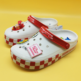 红白拼色防滑凉拖鞋 饰沙滩鞋 软底透气 男女卡通装 平板三眼仔洞洞鞋