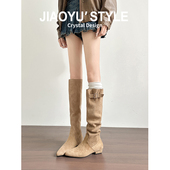 真皮 骄屿美拉德长筒靴女2025秋冬新款 高筒褶皱堆堆靴不过膝长靴