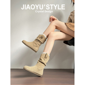 牛皮版 骄屿复古褶皱堆堆靴女2025新款 秋冬单靴中筒显瘦软皮短靴