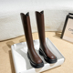 真皮 骄屿 棕色小筒围长筒靴女小个子v口瘦瘦高筒骑士靴厚底长靴