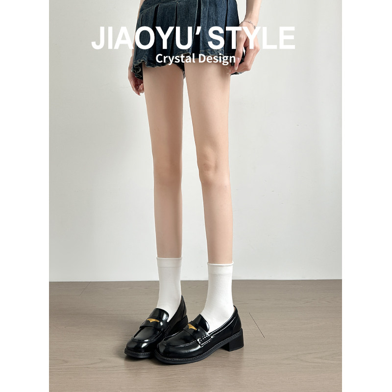 真皮~骄屿 内增高乐福鞋女小个子增高新款厚底单鞋高跟黑色小皮鞋