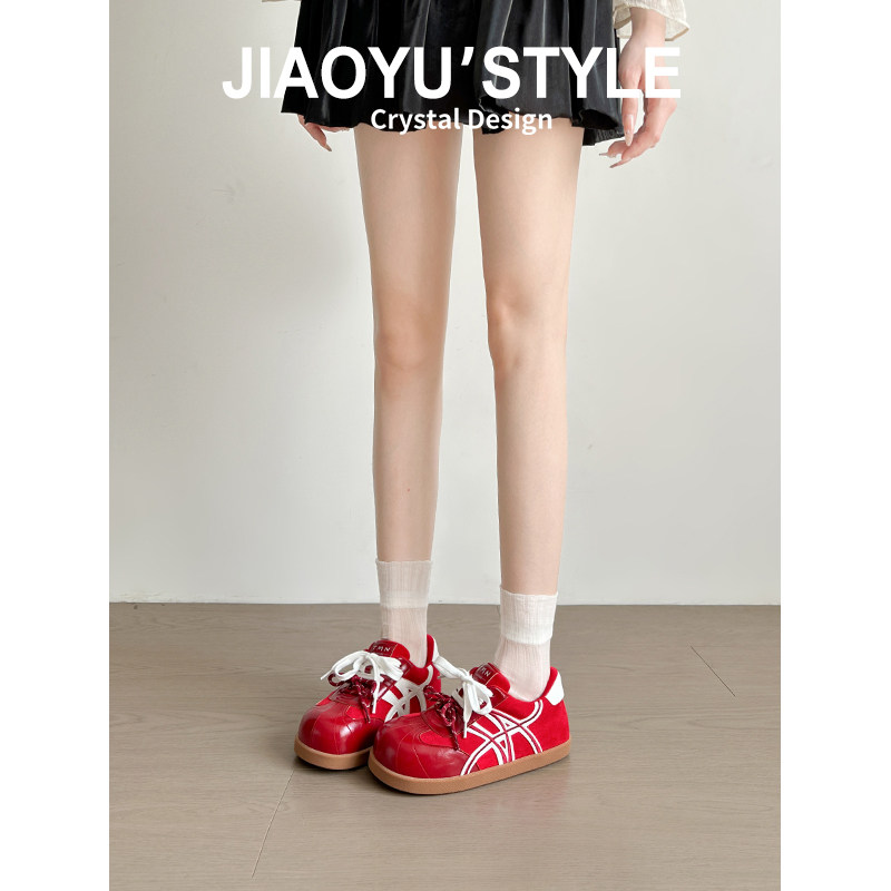 真皮~骄屿内增高6CM厚底红色系带德训鞋女2026新款大头丑萌运动鞋