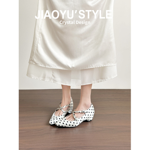 真皮~骄屿法式晚晚风波点交叉带玛丽珍鞋2026春新款尖头芭蕾单鞋