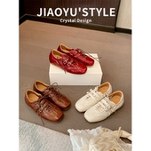 真皮 红色方头系带休闲运动玛丽珍鞋 骄屿内增高芭蕾德训鞋 春新款