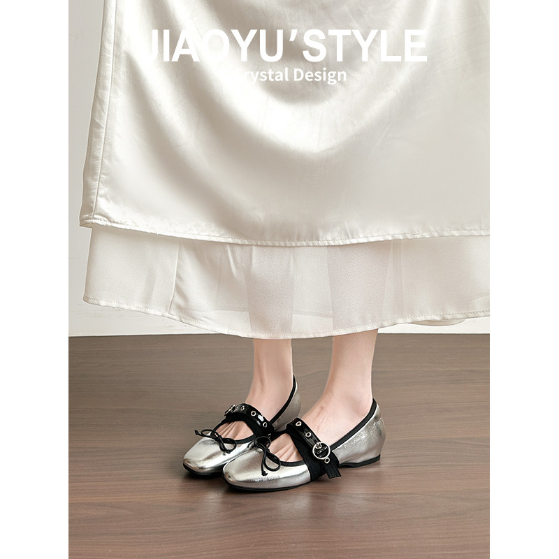 真皮~骄屿铆钉芭蕾玛丽珍鞋2026春新款蝴蝶结银色内增高朋克单鞋