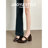 通勤单鞋 真皮 法式 绝美粗高跟鞋 骄屿复古方头玛丽珍鞋 女2026新款