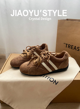 真皮~骄屿 内增高厚底德训鞋女加绒棕色复古芭蕾阿甘鞋超火休闲鞋