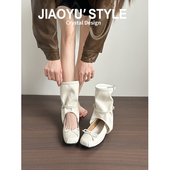 真皮 骄屿芭蕾风方头凉靴女粗跟厚底镂空蝴蝶结小众设计时髦短靴