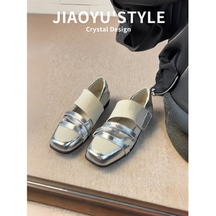 真皮~骄屿 运动玛丽珍鞋女爆款新款单鞋方头芭蕾德训鞋休闲阿甘鞋