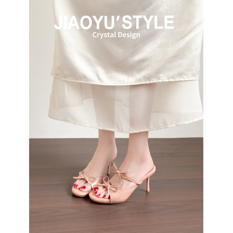 踩屎感！！三穿裸色高跟鞋女蝴蝶结凉拖鞋女夏外穿尖头配裙子凉鞋