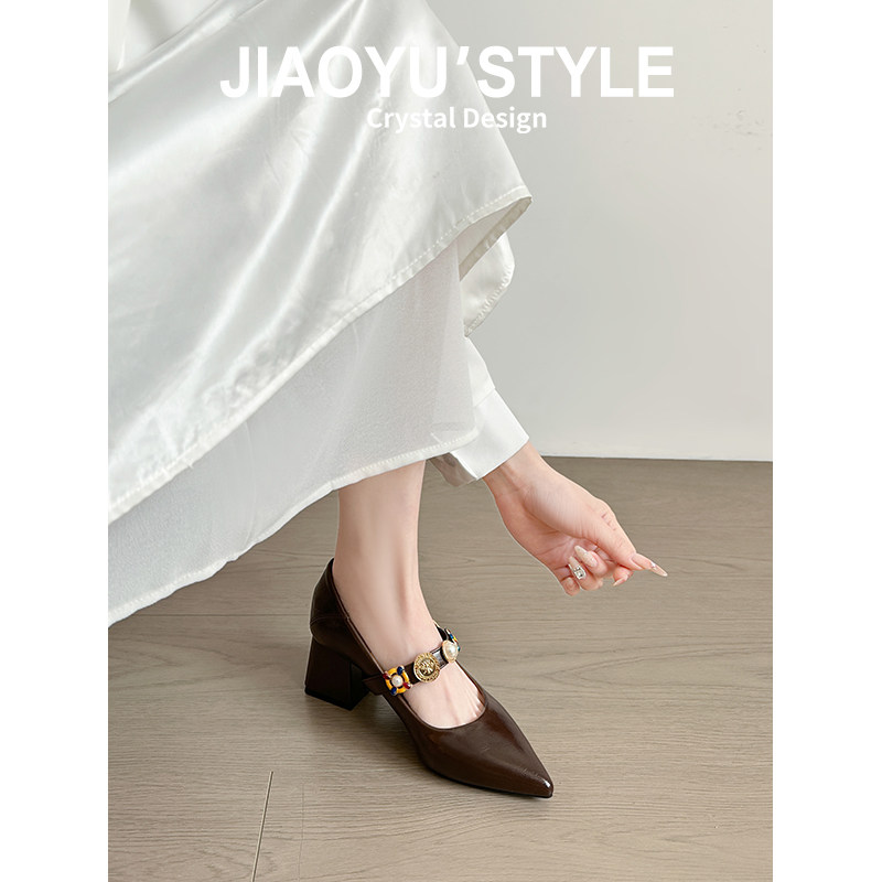真皮~骄屿法式尖头玛丽珍鞋一字带复古百搭粗高跟鞋浅口通勤单鞋