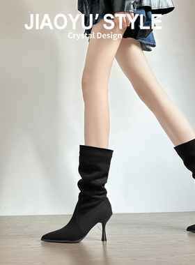 真皮骄屿美拉德风褶皱复古尖头堆堆靴细高跟绒面长筒靴显瘦骑士靴