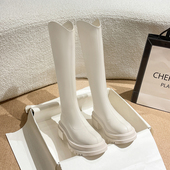 骄屿白色长靴女V口新款 秋冬小个子厚底显瘦不过膝瘦瘦骑士长筒靴