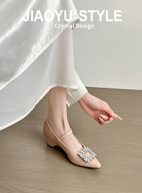 真皮~骄屿 裸色高跟鞋女粗跟方扣水钻玛丽珍鞋春秋内增高尖头单鞋