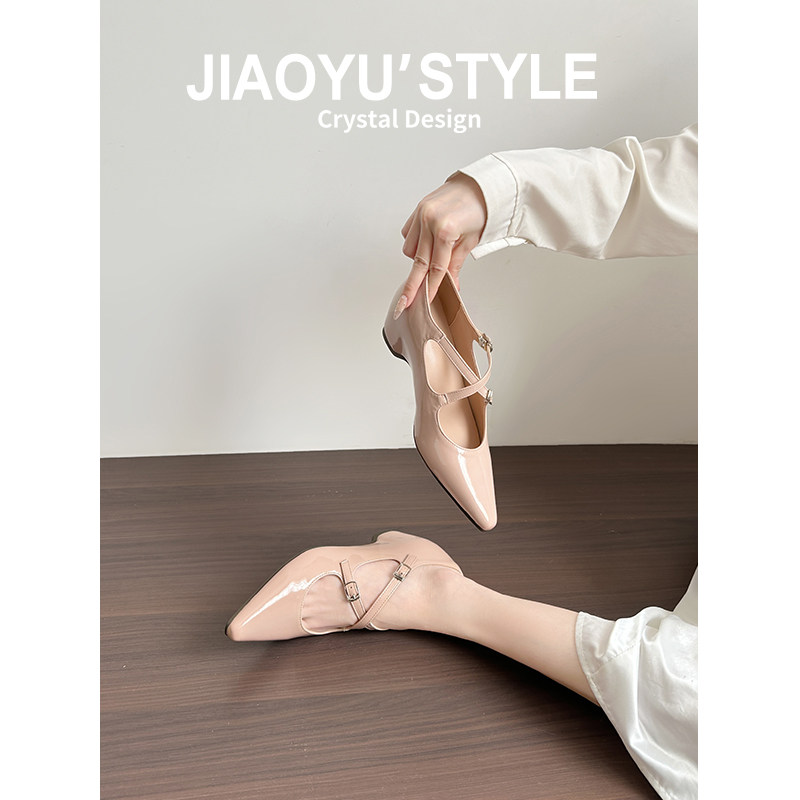 真皮~骄屿法式交叉带裸色玛丽珍鞋女尖头气质高跟鞋浅口芭蕾单鞋,女鞋,玛丽珍鞋,淘宝优惠券,粉丝福利购,淘宝优惠卷
